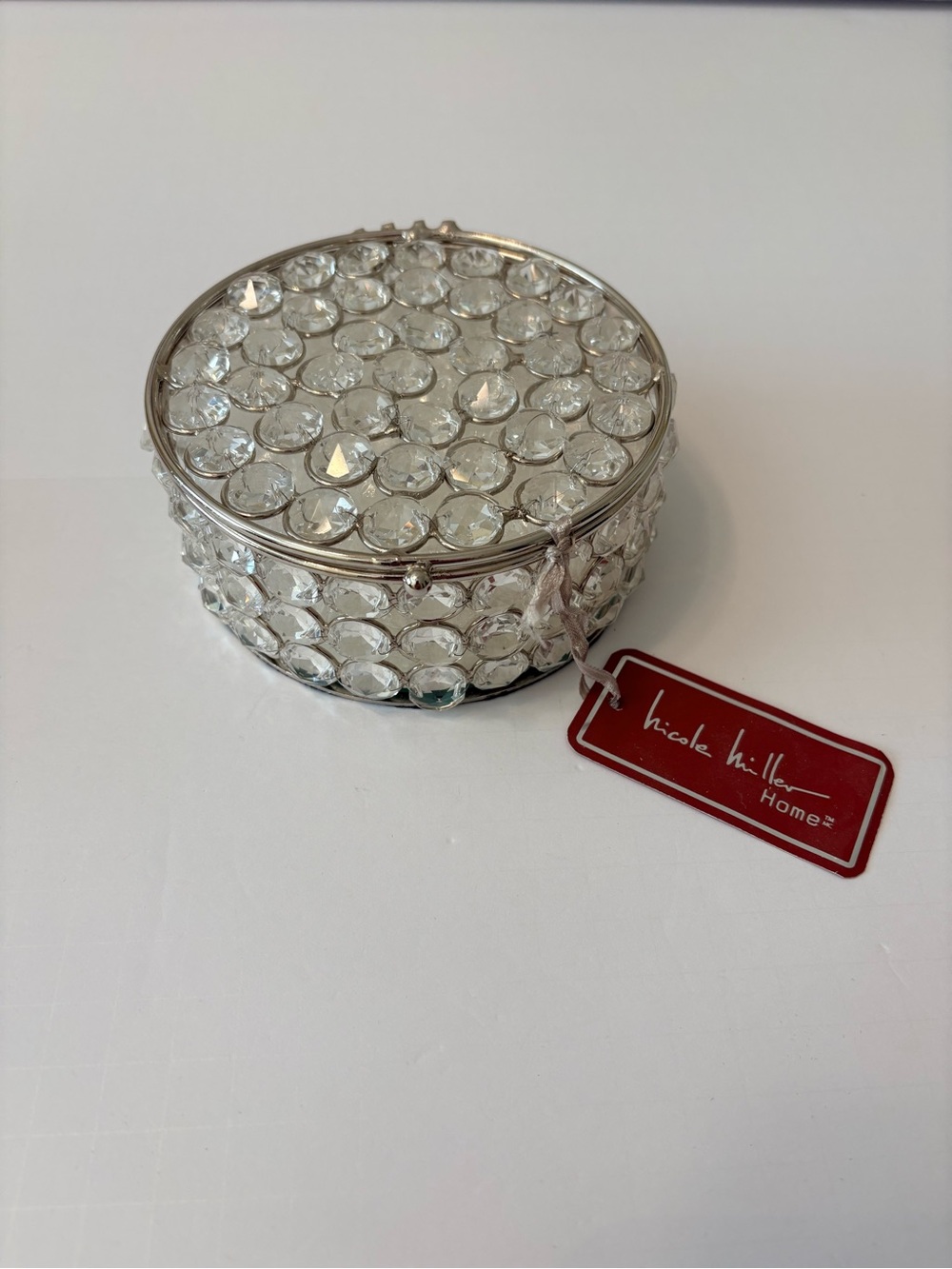 BNWT Nicole Miller Clear Crystal Round Accent Jewelry Box with Silver Trim